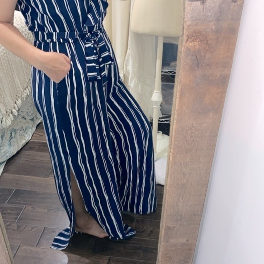 Peach Love blue striped pant romper jumpsuit size medium - Picture 6 of 10